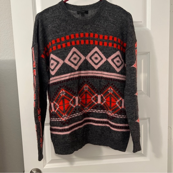 J CREW Abstract Fiar Isle Nordic Sweater M preppy grey red mohair wool blend - Picture 3 of 16